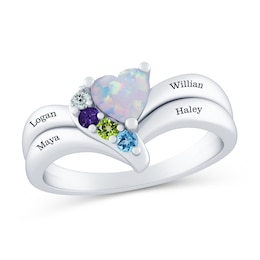 Mother's Heart-Shaped and Round Birthstone Engravable Double Shank Ring (5 Stones and 4 Lines)