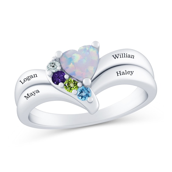 Mother's Heart-Shaped and Round Birthstone Engravable Double Shank Ring (5 Stones and 4 Lines)