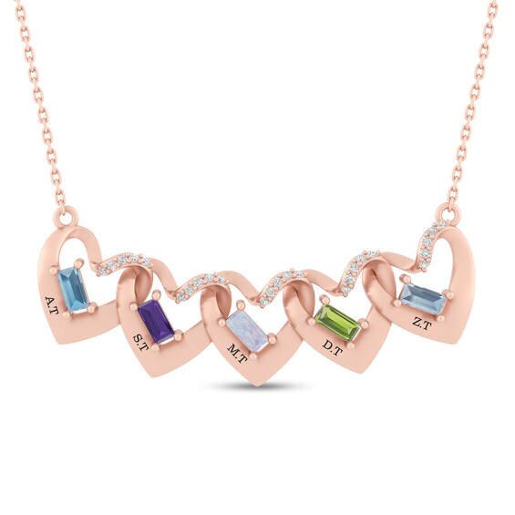 Mother's Baguette Birthstone and White Lab-Created Sapphire Interlocking Hearts Necklace (2-5 Stones and 1-5 Lines)