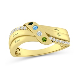 Mother's Birthstone and White Lab-Created Sapphire Engravable Overlay Triple Row Ring (4 Stones and Lines)