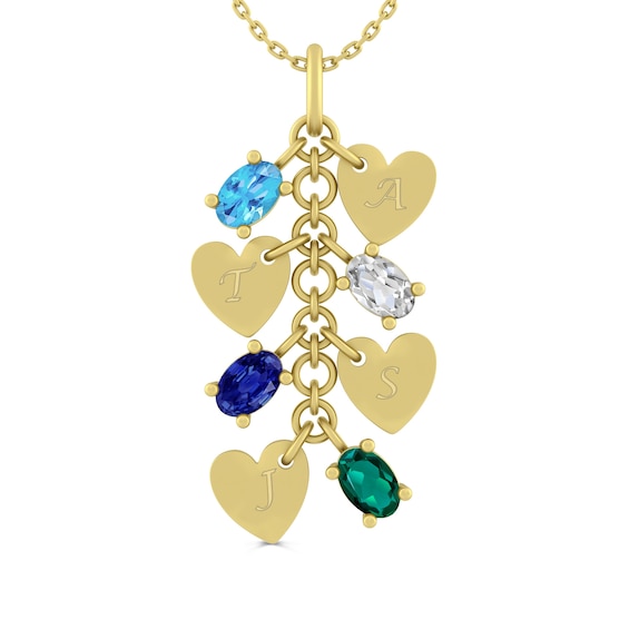 Mother's Oval Birthstone with Engravable Initial Heart Charm Drop Pendant (2-4 Stones and Initials)
