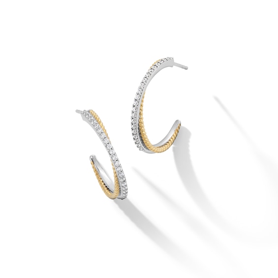 3/8 CT. T.w. Diamond and Rope Crossover Hoop Earrings in Sterling Silver and 10K Gold