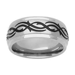 9.0mm Tribal-Pattern Engravable Wedding Band in Stainless Steel and Black PVD Plate (2 Lines)