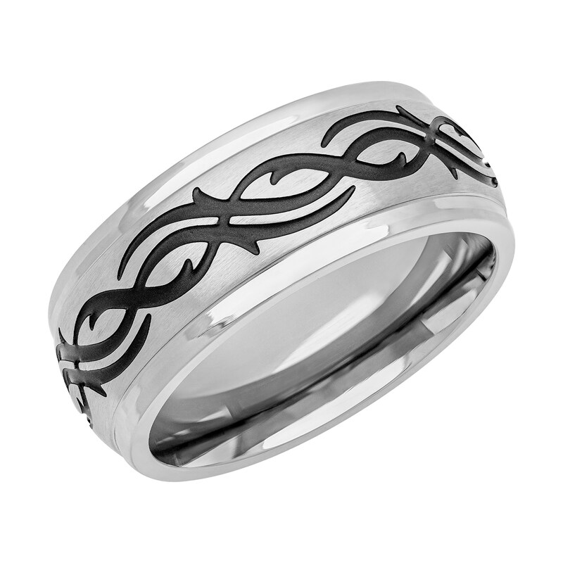 Main Image 2 of 9.0mm Tribal-Pattern Engravable Wedding Band in Stainless Steel and Black PVD Plate (2 Lines)