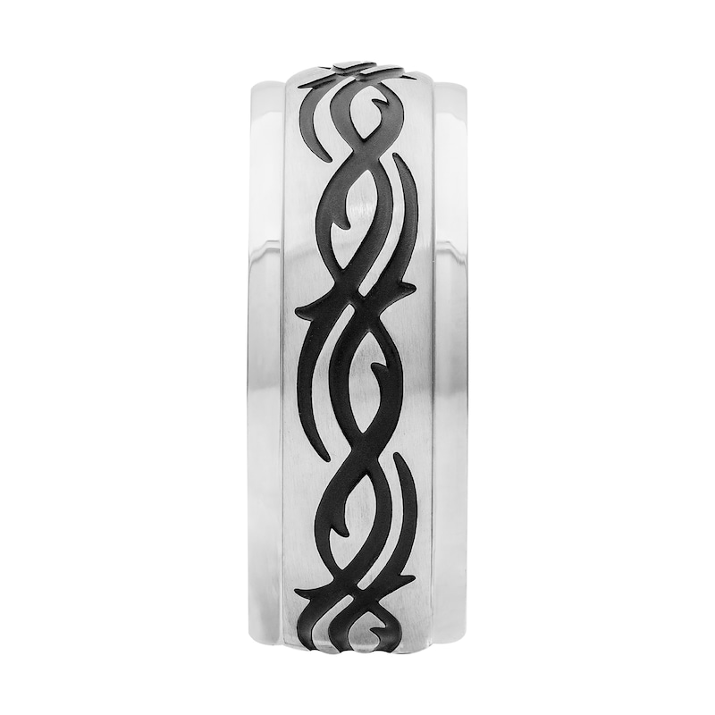 Main Image 3 of 9.0mm Tribal-Pattern Engravable Wedding Band in Stainless Steel and Black PVD Plate (2 Lines)