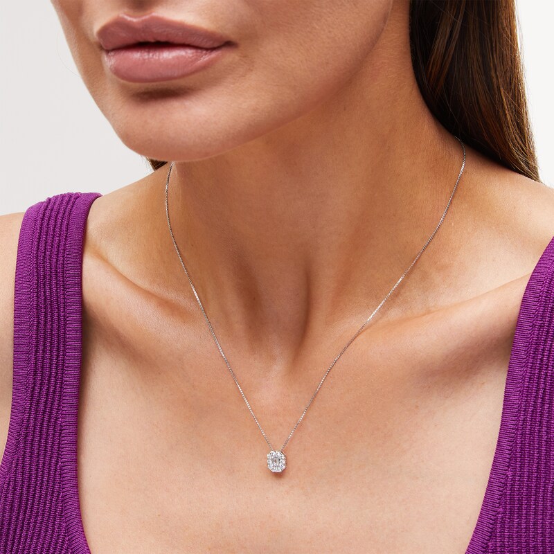 Main Image 2 of 1 CT. T.W. Emerald-Cut Certified Lab-Grown Diamond Frame Pendant in 14K White Gold (F/SI2)