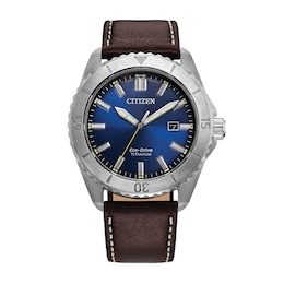 Men's Citizen Eco-Drive® Brycen Super Titanium™ Brown Leather Strap Watch with Blue Dial (Model: AW1840-09L)