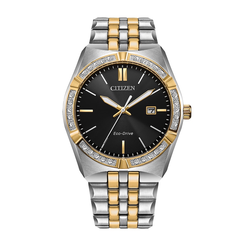 Main Image 1 of Men's Citizen Eco-Drive® 1/10 CT. T.W. Diamond Corso Two-Tone IP Watch with Black Dial (Model: BM7644-51E)
