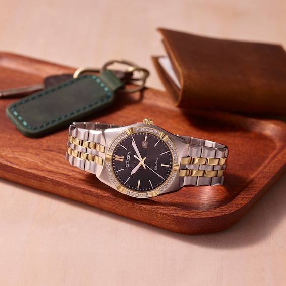 Men's Citizen Eco-Drive® 1/10 CT. T.w. Diamond Corso Two-Tone IP Watch with Black Dial (Model: Bm7644-51E)