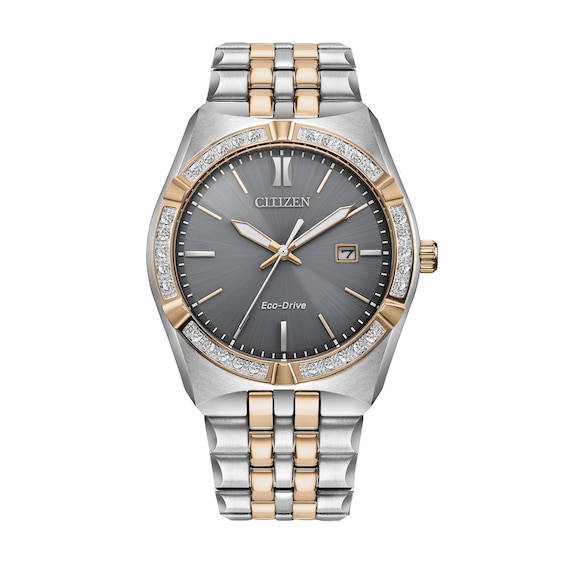 Men's Citizen Eco-Drive® 1/10 CT. T.w. Diamond Corso Two-Tone IP Watch with Grey Dial (Model: Bm7646-55H)