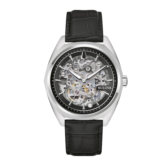 Men's Bulova Surveyor Automatic Black Leather Strap Watch with Black Skeleton Dial (Model: 96A310)
