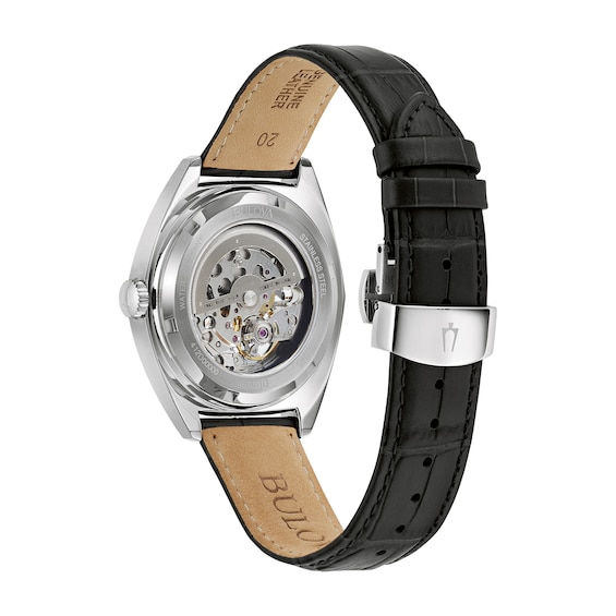 Men's Bulova Surveyor Automatic Black Leather Strap Watch with Black Skeleton Dial (Model: 96A310)