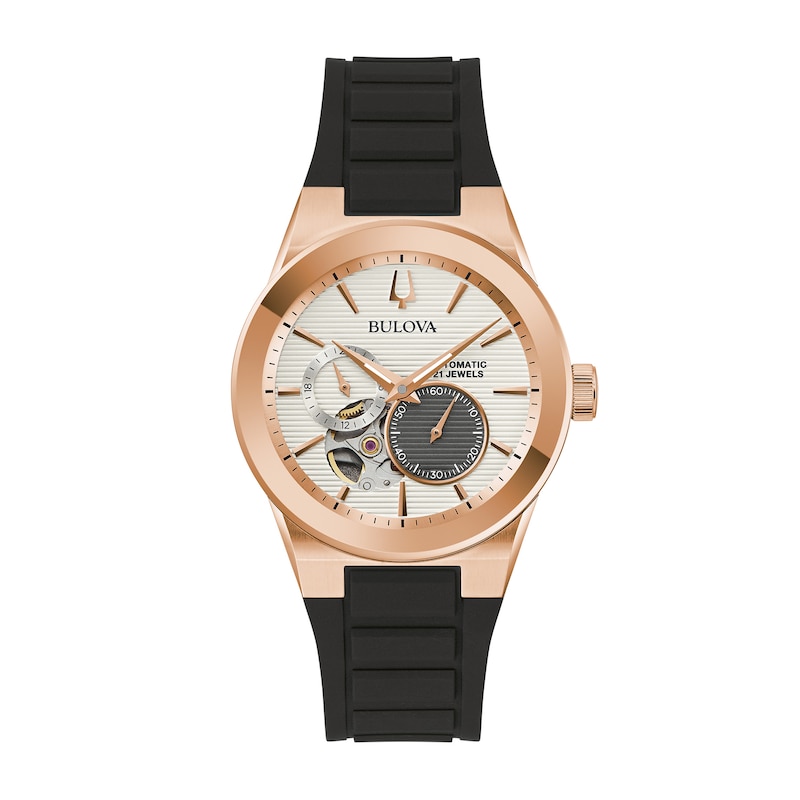 Main Image 1 of Men’s Bulova Latin GRAMMY® Automatic Rose-Tone IP Black Silicone Strap Watch with Textured White Dial (Model: 97A186)