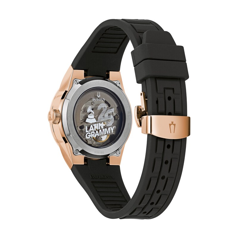 Main Image 3 of Men’s Bulova Latin GRAMMY® Automatic Rose-Tone IP Black Silicone Strap Watch with Textured White Dial (Model: 97A186)