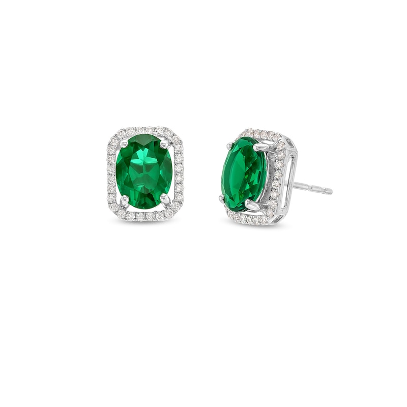 Main Image 1 of Oval Lab-Created Emerald and 1/6 CT. T.W. Diamond Open Octagon Frame Stud Earrings in 10K White Gold