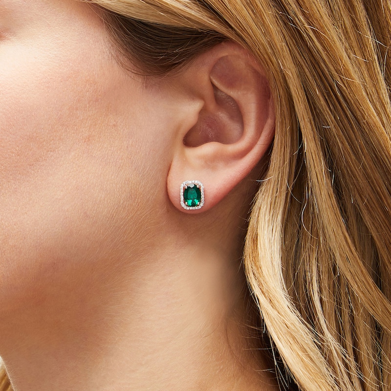 Main Image 2 of Oval Lab-Created Emerald and 1/6 CT. T.W. Diamond Open Octagon Frame Stud Earrings in 10K White Gold