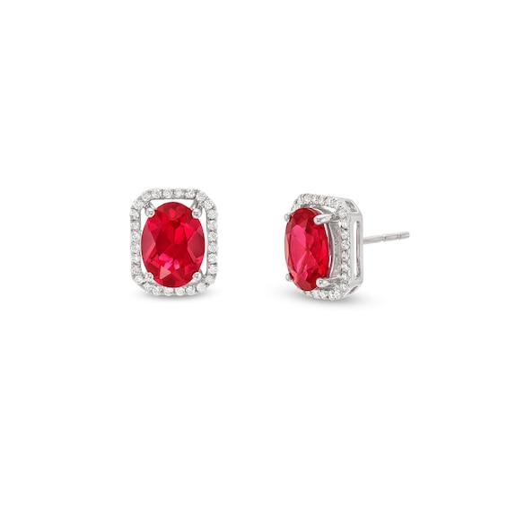 Oval Lab-Created Ruby and 1/6 CT. T.w. Diamond Open Octagon Frame Stud Earrings in 10K White Gold