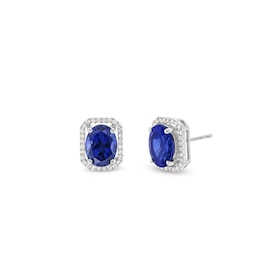 Oval Blue Lab-Created Sapphire and 1/6 CT. T.W. Diamond Open Octagon Frame Stud Earrings in 10K White Gold