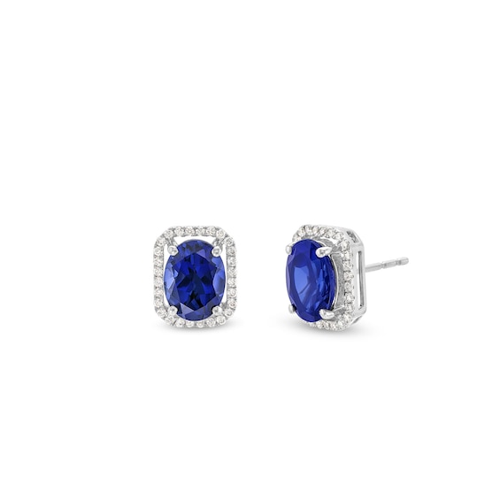 Oval Blue Lab-Created Sapphire and 1/6 CT. T.w. Diamond Open Octagon Frame Stud Earrings in 10K White Gold
