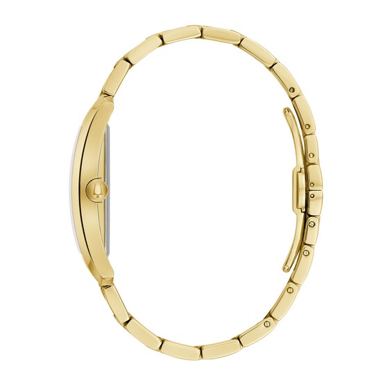 Menâs Bulova Classic Diamond Accent Our Lady of Guadalupe Gold-Tone Watch with Rectangular Black Dial (Model: 97D137)