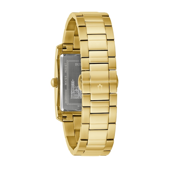 Menâs Bulova Classic Diamond Accent Our Lady of Guadalupe Gold-Tone Watch with Rectangular Black Dial (Model: 97D137)