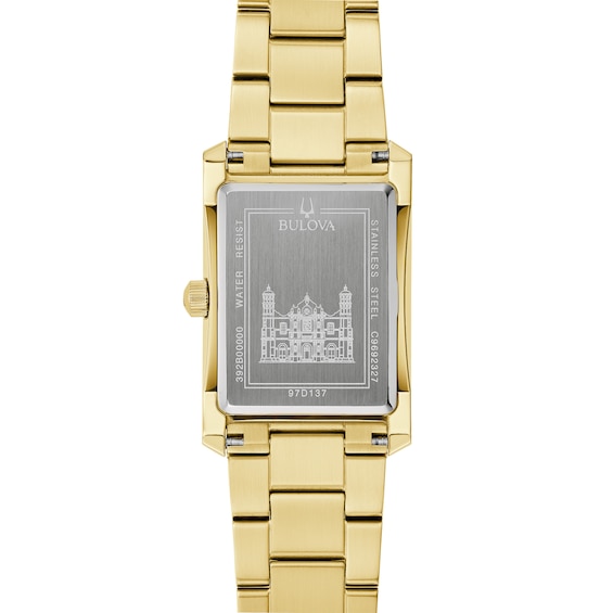 Menâs Bulova Classic Diamond Accent Our Lady of Guadalupe Gold-Tone Watch with Rectangular Black Dial (Model: 97D137)