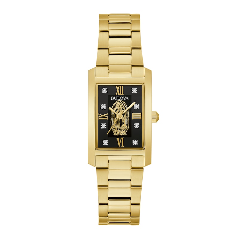 Main Image 1 of Ladies' Bulova Classic Diamond Accent Our Lady of Guadalupe Gold-Tone Watch with Rectangular Black Dial (Model: 97P169)