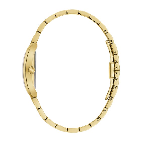 Ladies' Bulova Classic Diamond Accent Our Lady of Guadalupe Gold-Tone Watch with Rectangular Black Dial (Model: 97P169)