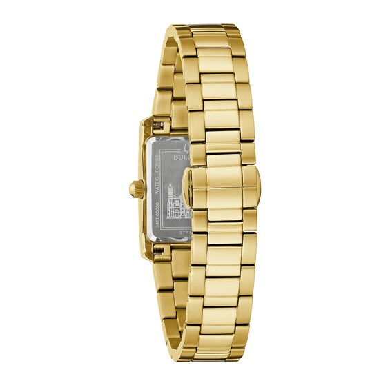Ladies' Bulova Classic Diamond Accent Our Lady of Guadalupe Gold-Tone Watch with Rectangular Black Dial (Model: 97P169)