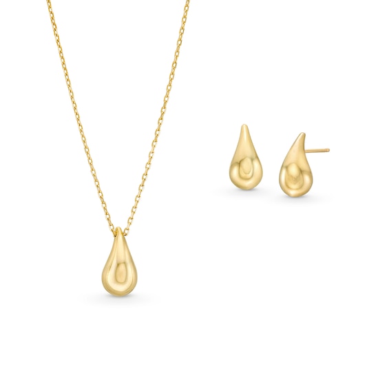Teardrop Pendant and Stud Earrings Set in Hollow 10K Gold - 17"