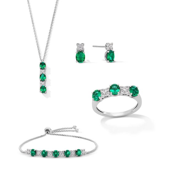 Oval Lab-Created Emerald and White Lab-Created Sapphire Pendant, Bolo Bracelet, Earrings and Ring Set in Sterling Silver