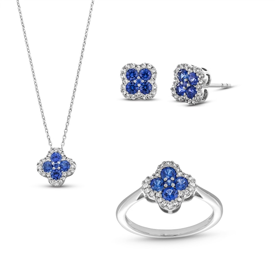 Blue and White Lab-Created Sapphire Clover Frame Pendant, Stud Earrings and Ring Set in Sterling Silver