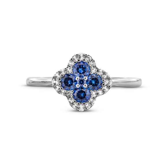 Blue and White Lab-Created Sapphire Clover Frame Pendant, Stud Earrings and Ring Set in Sterling Silver