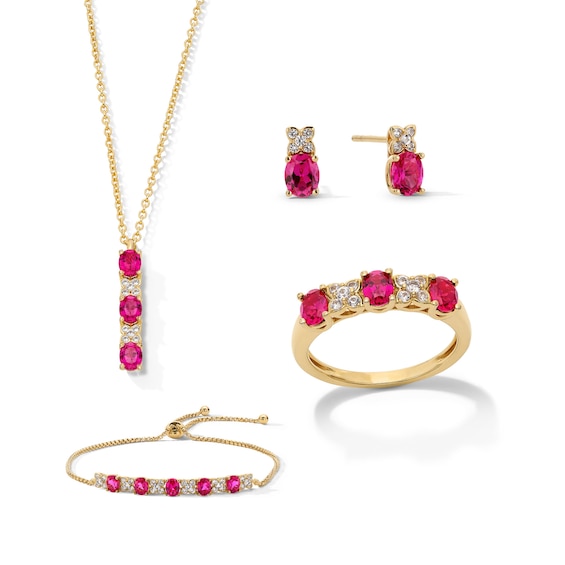 Lab-Created Ruby and Lab-Created Sapphire Pendant, Bracelet, Earrings and Ring Set in Sterling Silver and 14K Gold Plate