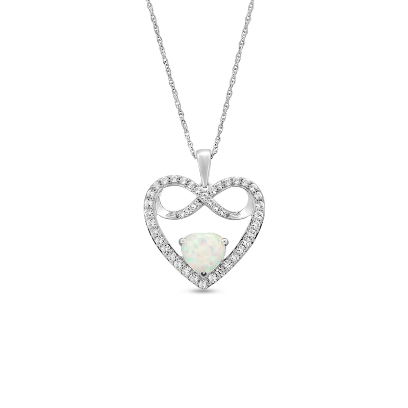 Main Image 1 of 7.0mm Heart-Shaped Lab-Created Opal and White Lab-Created Sapphire Infinity Heart Pendant in Sterling Silver