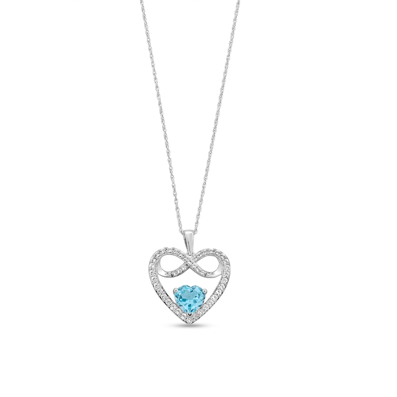 Main Image 1 of 7.0mm Heart-Shaped Swiss Blue Topaz and White Lab-Created Sapphire Infinity Heart Pendant in Sterling Silver