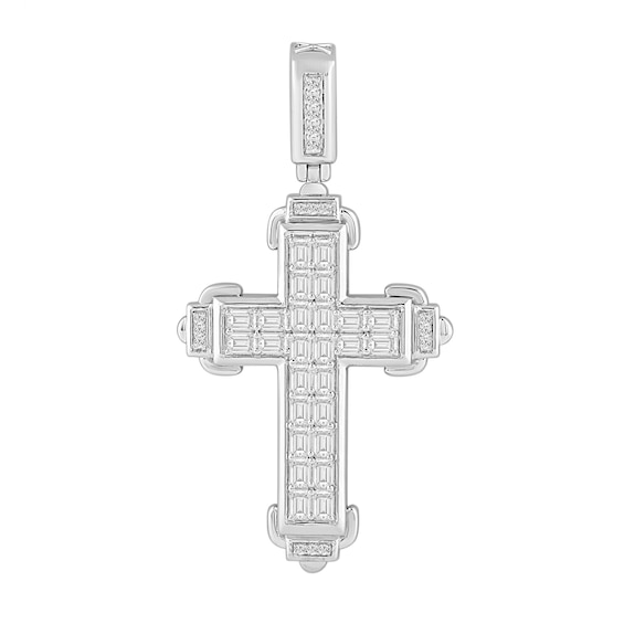 3 CT. T.w. Emerald-Cut and Round Certified Lab-Grown Diamond Cross Necklace Charm in 14K White Gold (F/Si2)
