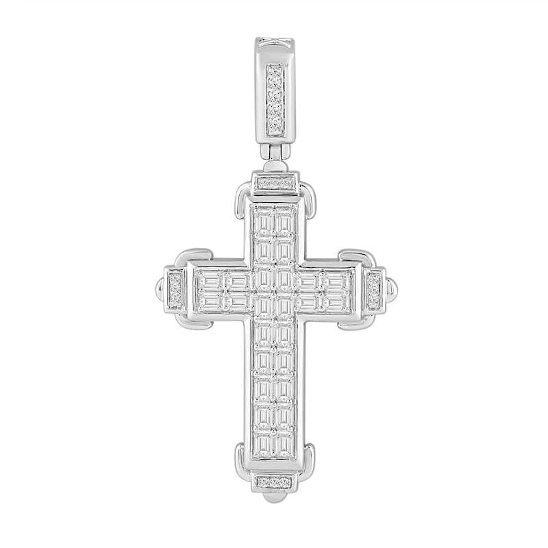Main Image 1 of 3 CT. T.W. Emerald-Cut and Round Certified Lab-Grown Diamond Cross Necklace Charm in 14K White Gold (F/SI2)