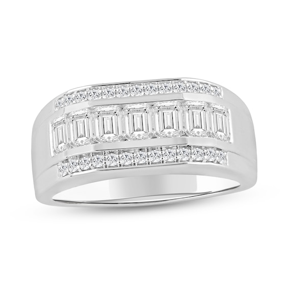 2 CT. T.w. Emerald-Cut and Round Certified Lab-Grown Diamond Triple Row Ring in 14K White Gold (F/Si2)
