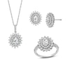 Thumbnail Image 1 of Oval White Lab-Created Sapphire Double Starburst Frame Pendant, Stud Earrings and Ring Set in Sterling Silver - Size 7