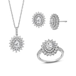 Oval White Lab-Created Sapphire Double Starburst Frame Pendant, Stud Earrings and Ring Set in Sterling Silver - Size 7