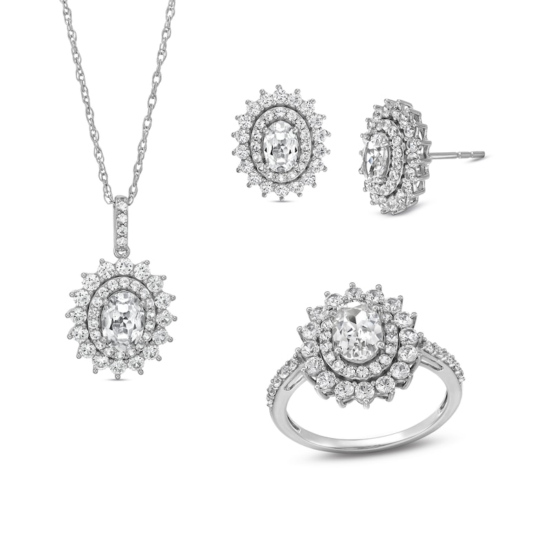 Main Image 1 of Oval White Lab-Created Sapphire Double Starburst Frame Pendant, Stud Earrings and Ring Set in Sterling Silver - Size 7