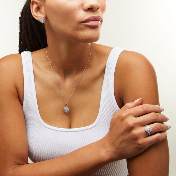 Oval White Lab-Created Sapphire Double Starburst Frame Pendant, Stud Earrings and Ring Set in Sterling Silver - Size 7