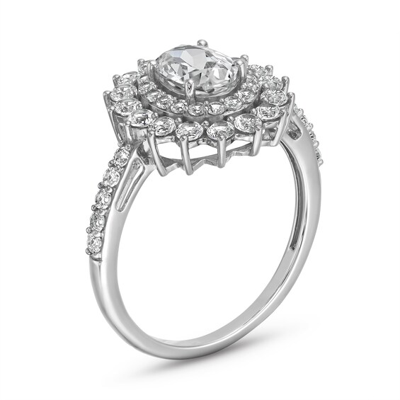 Oval White Lab-Created Sapphire Double Starburst Frame Pendant, Stud Earrings and Ring Set in Sterling Silver - Size 7