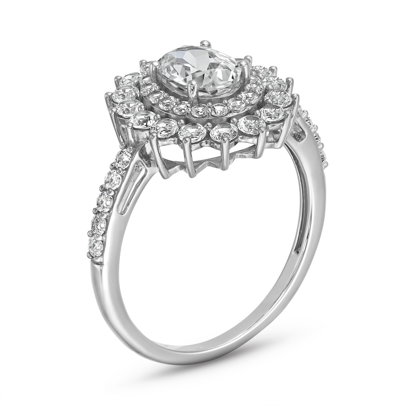 Main Image 3 of Oval White Lab-Created Sapphire Double Starburst Frame Pendant, Stud Earrings and Ring Set in Sterling Silver - Size 7