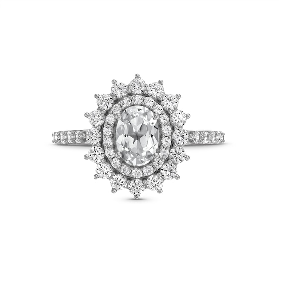 Oval White Lab-Created Sapphire Double Starburst Frame Pendant, Stud Earrings and Ring Set in Sterling Silver - Size 7