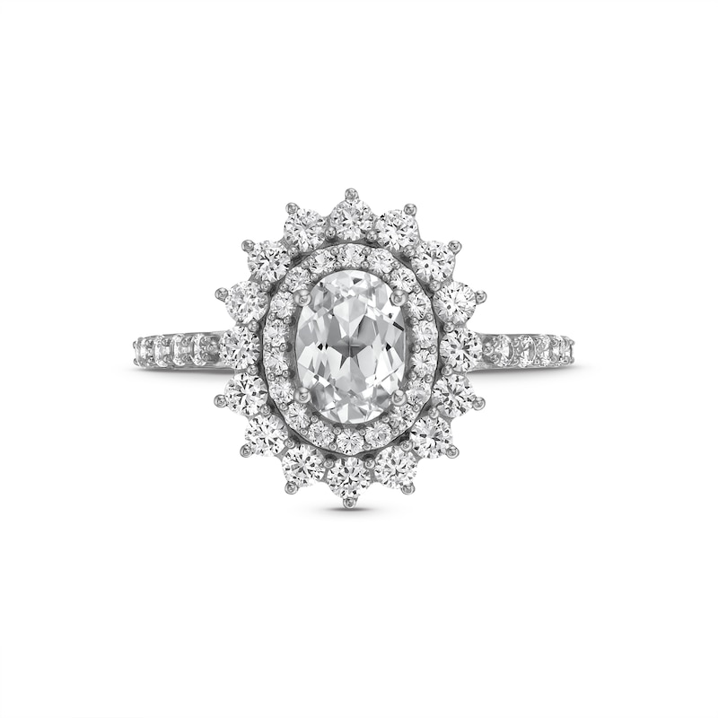 Main Image 4 of Oval White Lab-Created Sapphire Double Starburst Frame Pendant, Stud Earrings and Ring Set in Sterling Silver - Size 7