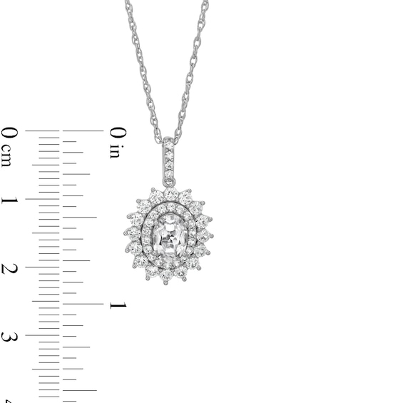 Oval White Lab-Created Sapphire Double Starburst Frame Pendant, Stud Earrings and Ring Set in Sterling Silver - Size 7