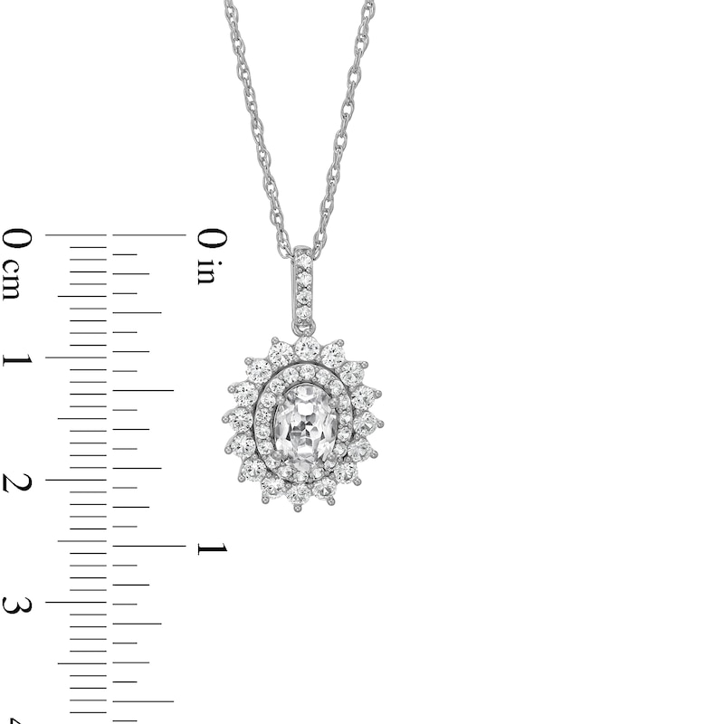 Main Image 5 of Oval White Lab-Created Sapphire Double Starburst Frame Pendant, Stud Earrings and Ring Set in Sterling Silver - Size 7