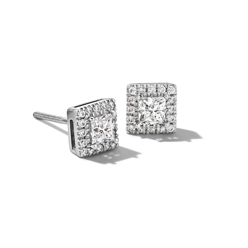 Main Image 1 of 1/2 CT. T.W. Princess-Cut Certified Lab-Grown Diamond Frame Stud Earrings in 14K White Gold (F/SI2)